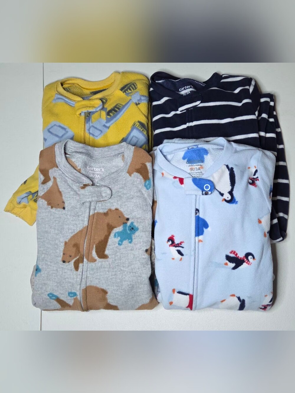 Carter’s 3T Footie Pajamas Lot of 4 Boys Fleece Sleepers Bears Penguins